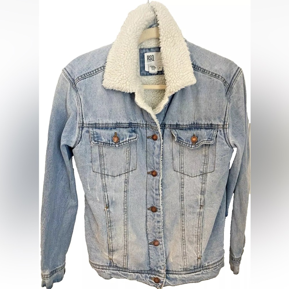Vintage RSQ Denim Jacket With Sherpa Collar And Lining Fall Layering Blue, XS - Picture 2 of 16